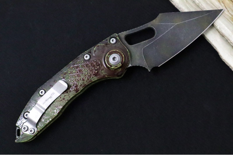 Microtech Stitch Auto Outbreak - Wharncliffe Blade / Darkwash Outbreak Finish / Outbreak Green Anodized Aluminum with Blood Splatter 169-1OBS - Northwest Knives