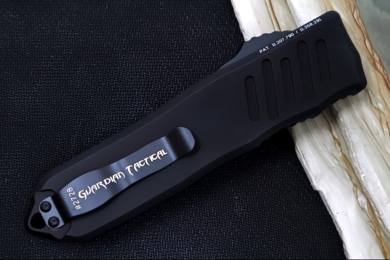 Guardian Tactical Recon 040 OTF - Serrated Drop Point / Black Blade / Elmax Steel / Black Anodized Aluminum Handle 113112