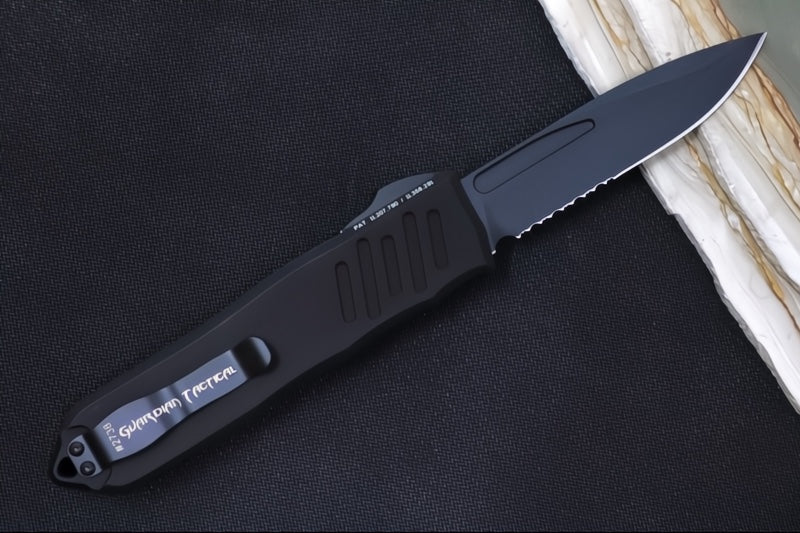Guardian Tactical Recon 040 OTF - Serrated Drop Point / Black Blade / Elmax Steel / Black Anodized Aluminum Handle 113112 - Northwest Knives