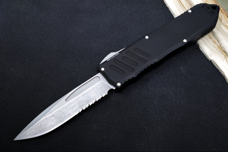 Guardian Tactical Recon 040 OTF - Serrated Drop Point / Stonewashed Blade / Elmax Steel / Black Anodized Aluminum Handle 113512 - Northwest Knives