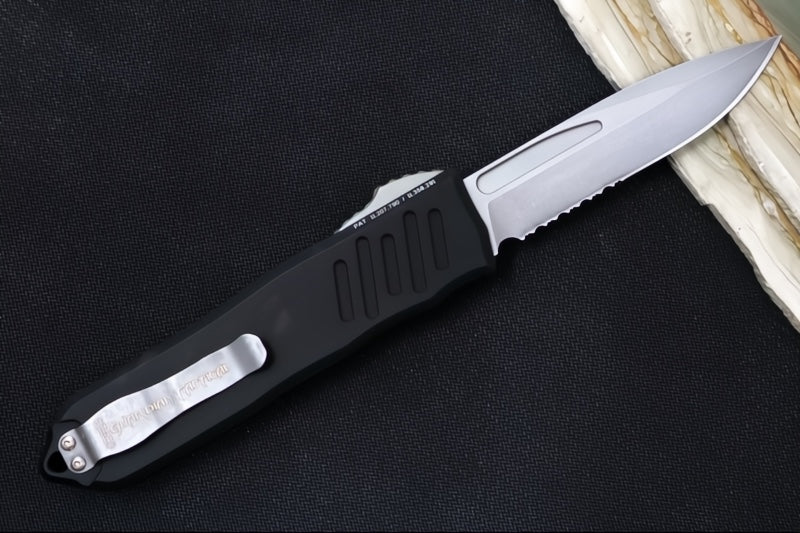 Guardian Tactical Recon 040 OTF - Serrated Drop Point / Stonewashed Blade / Elmax Steel / Black Anodized Aluminum Handle 113512 - Northwest Knives