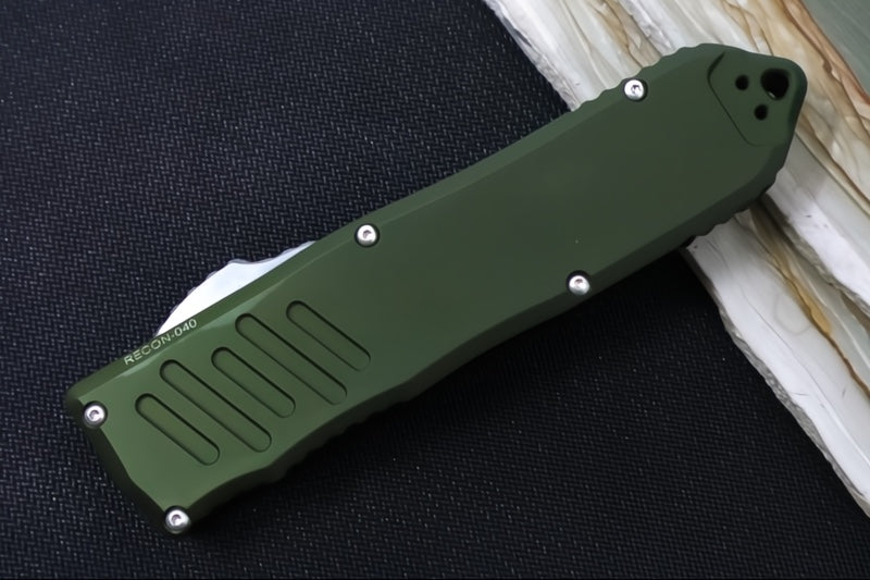 Guardian Tactical Recon 040 OTF - Serrated Drop Point Blade / Stonewashed Finish / Elmax Steel / OD Green Anodized Aluminum Handle 118512 - Northwest Knives