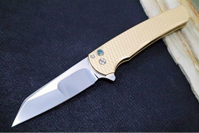 Pro Tech Malibu Custom 2023 - "Dragon Scales" Bronzed Aluminum Handle / Abalone Push Button / Satin Hardware / Mirror Polished Mike Irie Compound Reverse Tanto Blade / Polished Clip