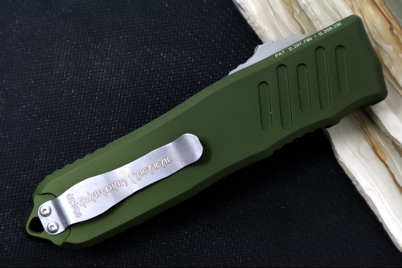 Guardian Tactical Recon 040 OTF - Serrated Drop Point Blade / Stonewashed Finish / Elmax Steel / OD Green Anodized Aluminum Handle 118512 - Northwest Knives