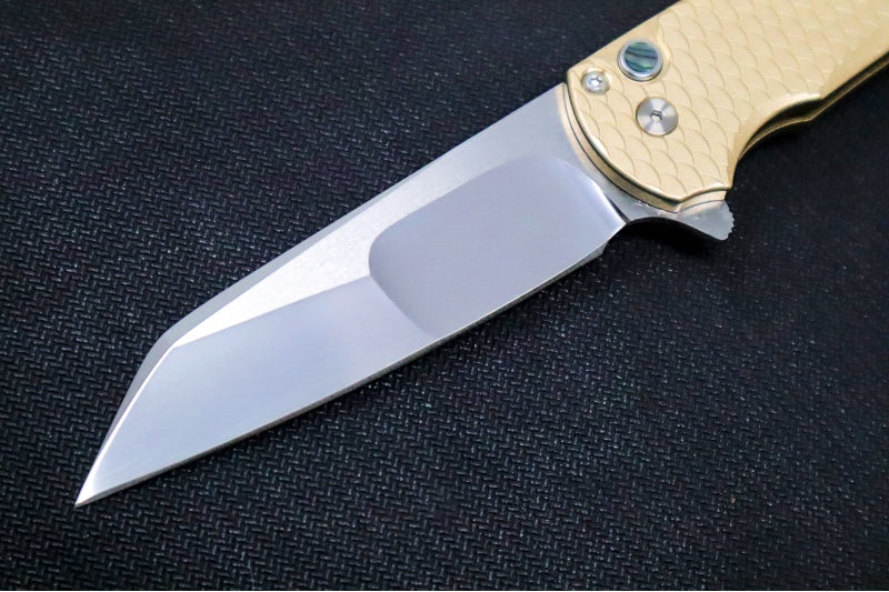 Pro Tech Malibu Custom 2023 - "Dragon Scales" Bronzed Aluminum Handle / Abalone Push Button / Satin Hardware / Mirror Polished Mike Irie Compound Reverse Tanto Blade / Polished Clip