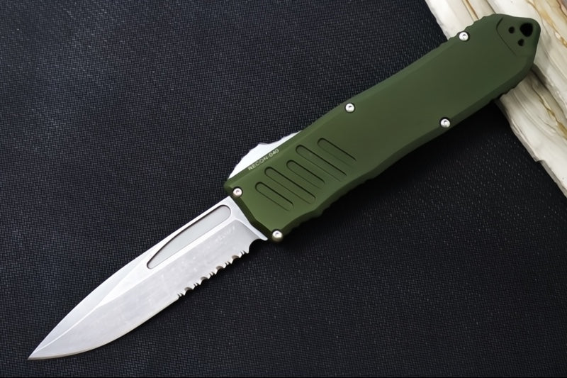 Guardian Tactical Recon 040 OTF - Serrated Drop Point Blade / Stonewashed Finish / Elmax Steel / OD Green Anodized Aluminum Handle 118512 - Northwest Knives