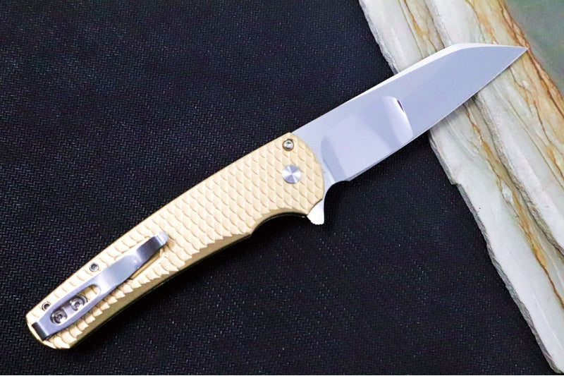 Pro Tech Malibu Custom 2023 - "Dragon Scales" Bronzed Aluminum Handle / Abalone Push Button / Satin Hardware / Mirror Polished Mike Irie Compound Reverse Tanto Blade / Polished Clip