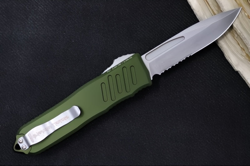 Guardian Tactical Recon 040 OTF - Serrated Drop Point Blade / Stonewashed Finish / Elmax Steel / OD Green Anodized Aluminum Handle 118512 - Northwest Knives