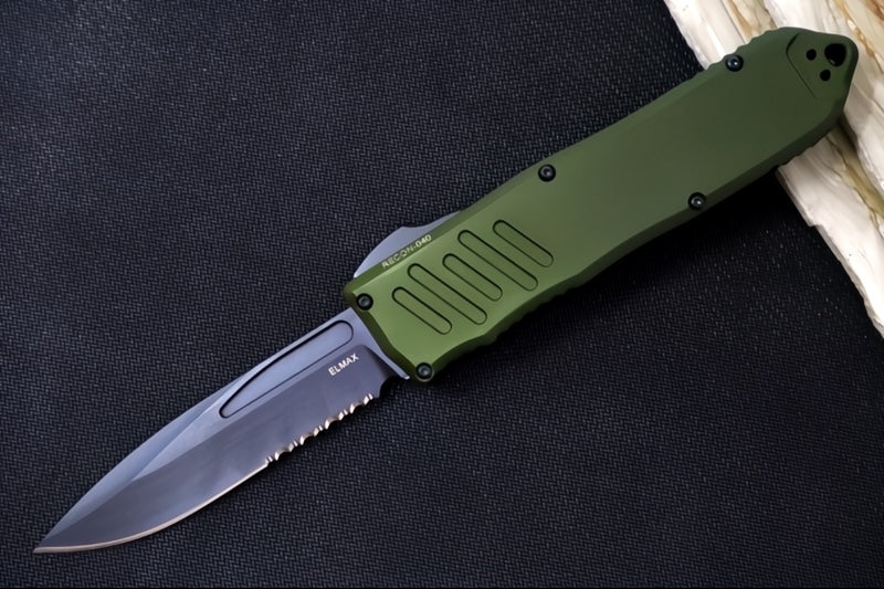 Guardian Tactical Recon 040 OTF - Serrated Drop Point Blade / Black Tactical Finish / Elmax Steel / OD Green Anodized Aluminum Handle 118112 - Northwest Knives