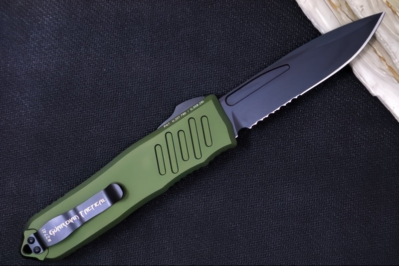 Guardian Tactical Recon 040 OTF - Serrated Drop Point Blade / Black Tactical Finish / Elmax Steel / OD Green Anodized Aluminum Handle 118112