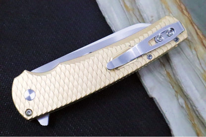 Pro Tech Malibu Custom 2023 - "Dragon Scales" Bronzed Aluminum Handle / Abalone Push Button / Satin Hardware / Mirror Polished Mike Irie Compound Reverse Tanto Blade / Polished Clip