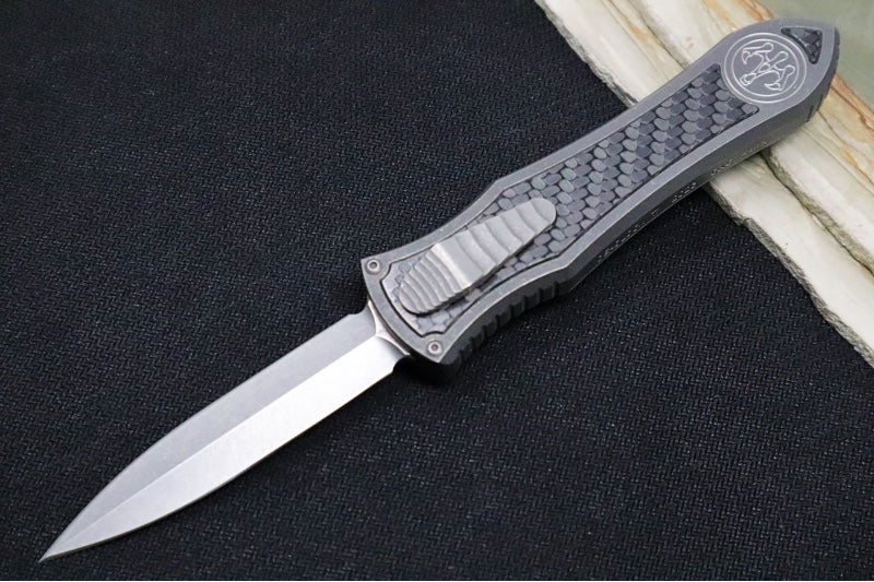 Hawk Knife Designs Deadlock Model C OTF - Stonewashed Titanium Handle & Black Carbon Fiber Insert / CPM-20CV / Dagger Blade / Tumbled Titanium Accents