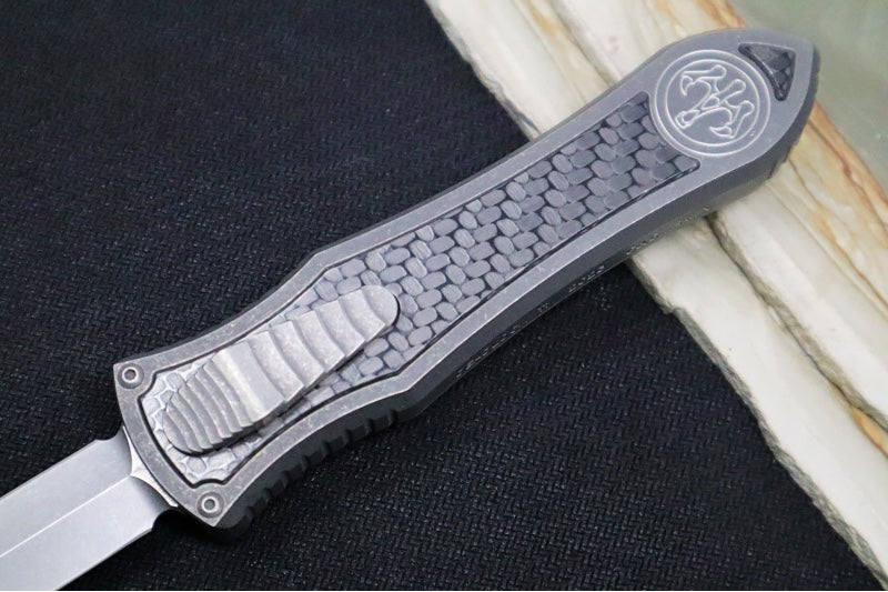 Hawk Knife Designs Deadlock Model C OTF - Stonewashed Titanium Handle & Black Carbon Fiber Insert / CPM-20CV / Dagger Blade / Tumbled Titanium Accents - Northwest Knives