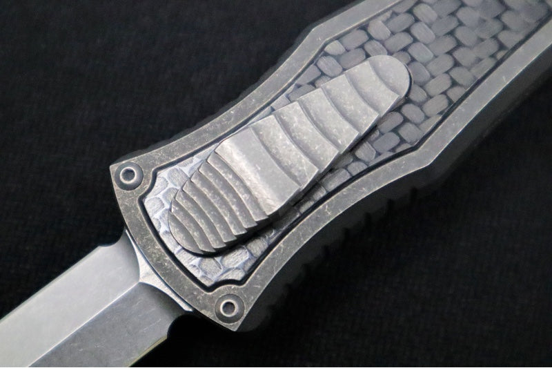 Hawk Knife Designs Deadlock Model C OTF - Stonewashed Titanium Handle & Black Carbon Fiber Insert / CPM-20CV / Dagger Blade / Tumbled Titanium Accents - Northwest Knives