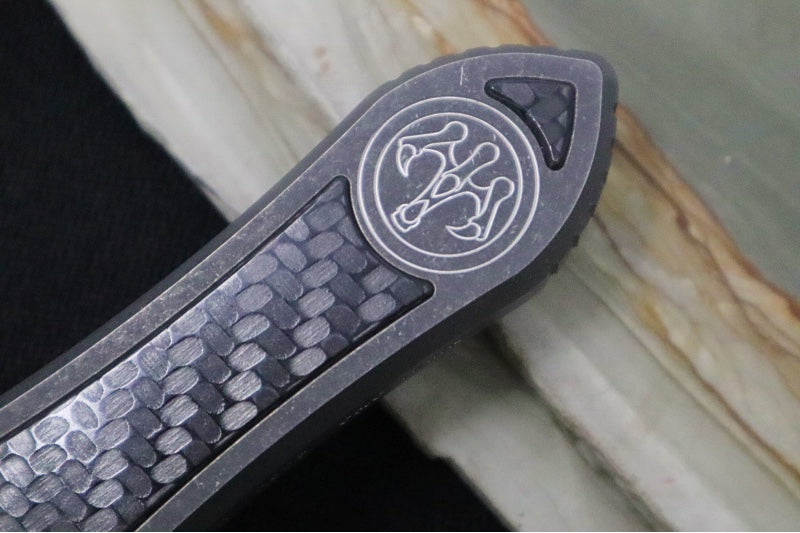 Hawk Knife Designs Deadlock Model C OTF - Stonewashed Titanium Handle & Black Carbon Fiber Insert / CPM-20CV / Dagger Blade / Tumbled Titanium Accents