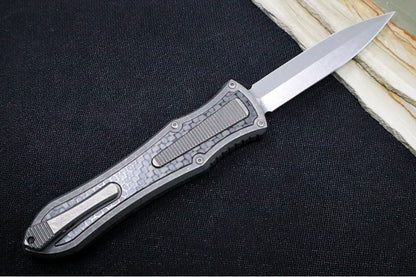 Hawk Knife Designs Deadlock Model C OTF - Stonewashed Titanium Handle & Black Carbon Fiber Insert / CPM-20CV / Dagger Blade / Tumbled Titanium Accents