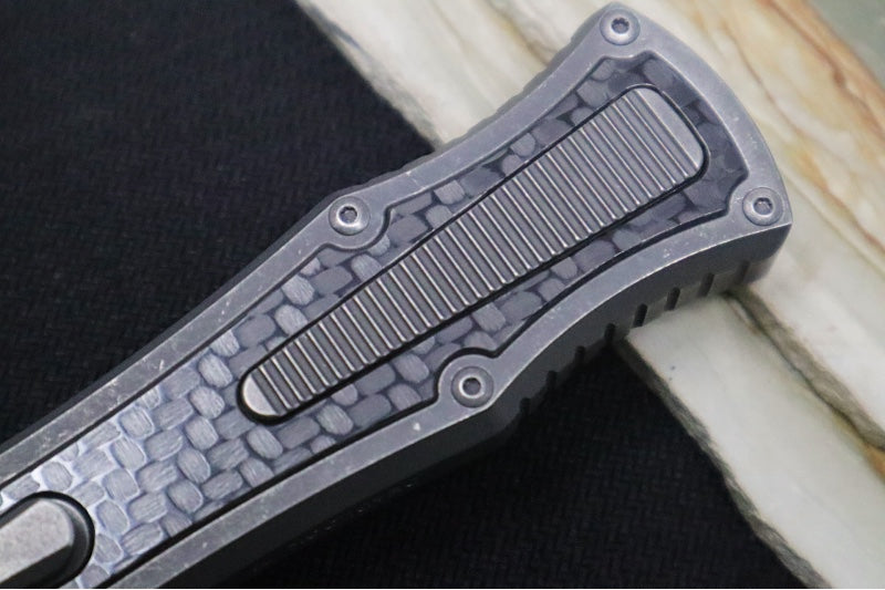 Hawk Knife Designs Deadlock Model C OTF - Stonewashed Titanium Handle & Black Carbon Fiber Insert / CPM-20CV / Dagger Blade / Tumbled Titanium Accents - Northwest Knives