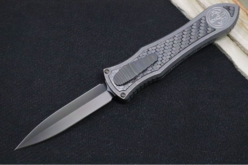 Hawk Knife Designs Deadlock Model C OTF - Stonewashed Titanium Handle & Black Carbon Fiber Insert / CPM-20CV / Black DLC Dagger Blade / Black DLC Titanium Accents - Northwest Knives