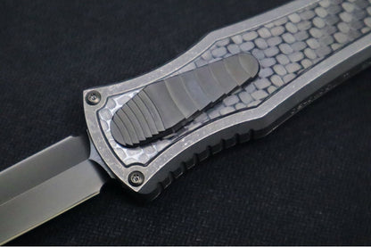 Hawk Knife Designs Deadlock Model C OTF - Stonewashed Titanium Handle & Black Carbon Fiber Insert / CPM-20CV / Black DLC Dagger Blade / Black DLC Titanium Accents