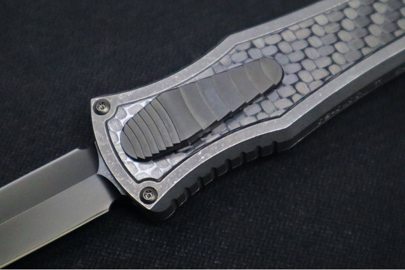 Hawk Knife Designs Deadlock Model C OTF - Stonewashed Titanium Handle & Black Carbon Fiber Insert / CPM-20CV / Black DLC Dagger Blade / Black DLC Titanium Accents - Northwest Knives