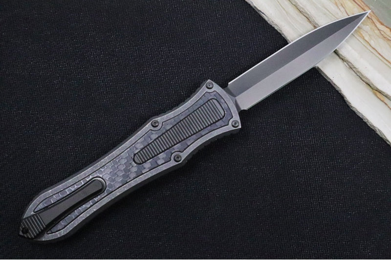 Hawk Knife Designs Deadlock Model C OTF - Stonewashed Titanium Handle & Black Carbon Fiber Insert / CPM-20CV / Black DLC Dagger Blade / Black DLC Titanium Accents