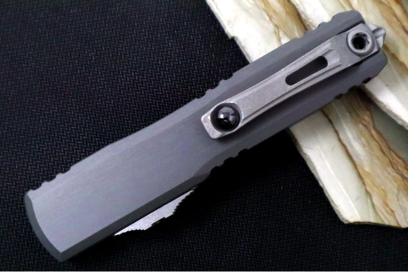 Microtech Ultratech ZBP (Zero Blade Play) OTF - Apocalyptic Finish / Tanto Blade / Natural Clear Anodized Aluminum Handle 1123-10APNC - Northwest Knives
