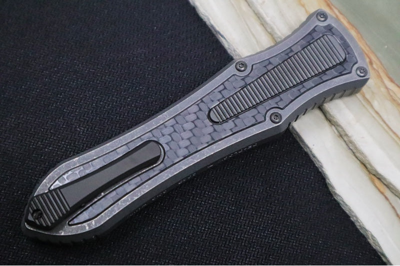 Hawk Knife Designs Deadlock Model C OTF - Stonewashed Titanium Handle & Black Carbon Fiber Insert / CPM-20CV / Black DLC Dagger Blade / Black DLC Titanium Accents