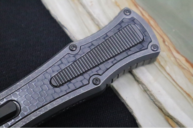 Hawk Knife Designs Deadlock Model C OTF - Stonewashed Titanium Handle & Black Carbon Fiber Insert / CPM-20CV / Black DLC Dagger Blade / Black DLC Titanium Accents