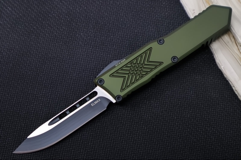 Guardian Tactical GTX-025 OTF - 2-Toned Black Finish / Elmax Steel / Drop Point Blade / OD Green Anodized Aluminum Handle 12-8211