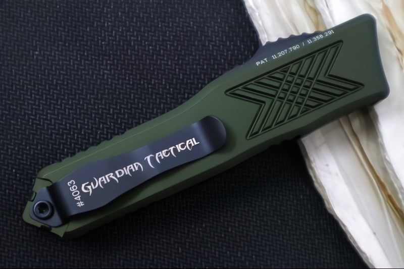 Guardian Tactical GTX-025 OTF - 2-Toned Black Finish / Elmax Steel / Drop Point Blade / OD Green Anodized Aluminum Handle 12-8211