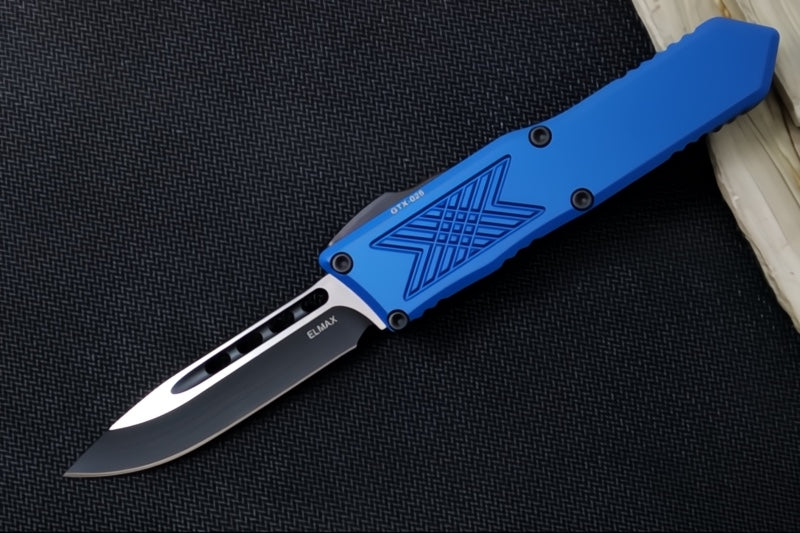 Guardian Tactical GTX-025 OTF - 2-Toned Black Finish / Elmax Steel / Drop Point Blade / Blue Anodized Aluminum Handle 12-4211