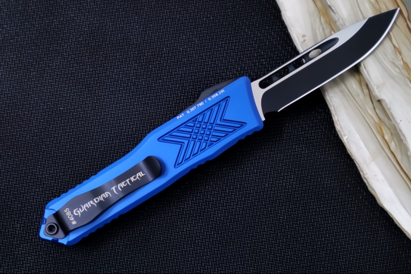Guardian Tactical GTX-025 OTF - 2-Toned Black Finish / Elmax Steel / Drop Point Blade / Blue Anodized Aluminum Handle 12-4211