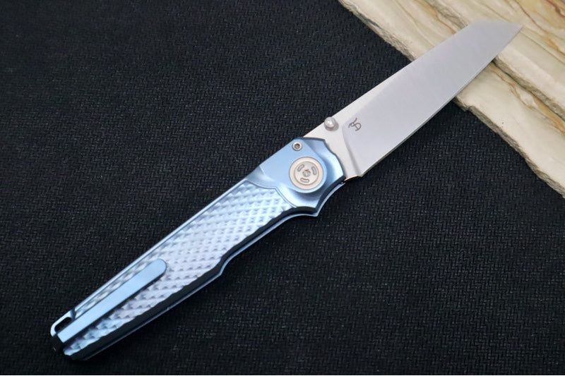 Maniago Knife Makers Miura - Stonewashed Sheepsfoot Blade / M390 Steel / Blue Anodized Titanium Handle