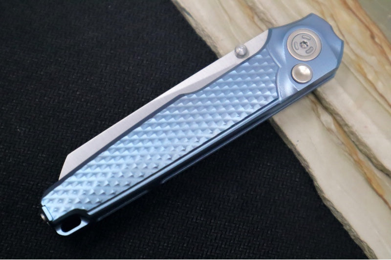 Maniago Knife Makers Miura - Stonewashed Sheepsfoot Blade / M390 Steel / Blue Anodized Titanium Handle