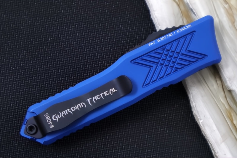 Guardian Tactical GTX-025 OTF - 2-Toned Black Finish / Elmax Steel / Drop Point Blade / Blue Anodized Aluminum Handle 12-4211
