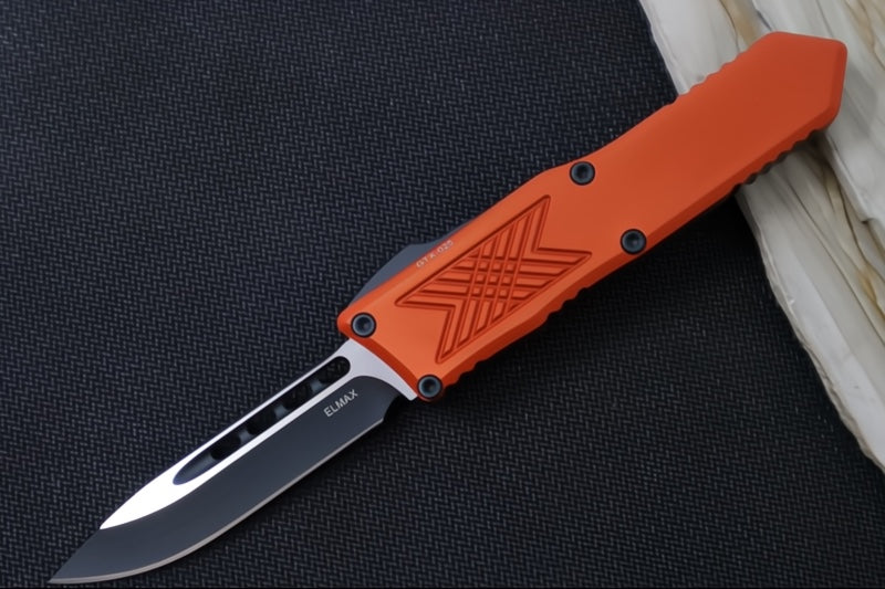 Guardian Tactical GTX-025 OTF - 2-Toned Black Finish / Elmax Steel / Drop Point Blade / Burnt Orange Anodized Aluminum Handle 12-4211
