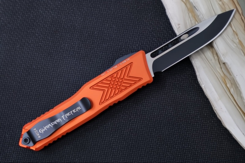 Guardian Tactical GTX-025 OTF - 2-Toned Black Finish / Elmax Steel / Drop Point Blade / Burnt Orange Anodized Aluminum Handle 12-4211