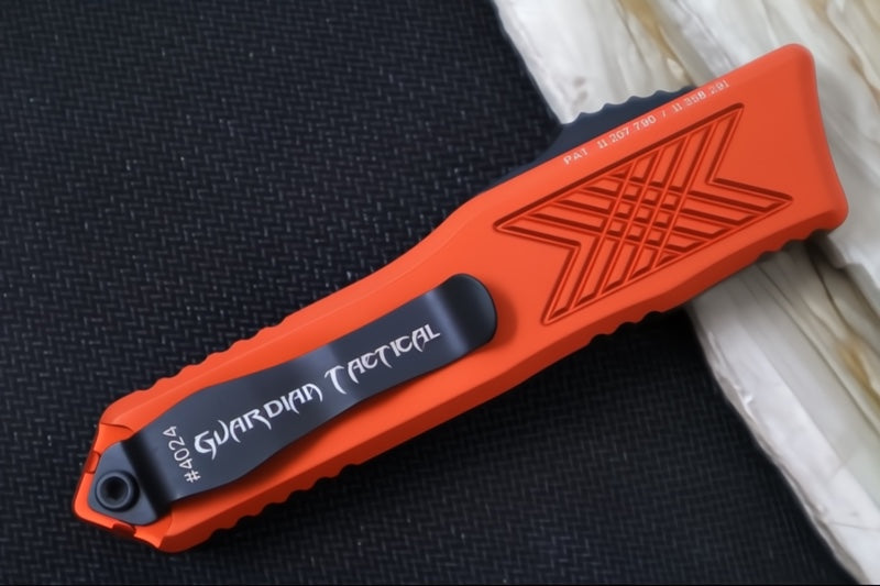 Guardian Tactical GTX-025 OTF - 2-Toned Black Finish / Elmax Steel / Drop Point Blade / Burnt Orange Anodized Aluminum Handle 12-4211