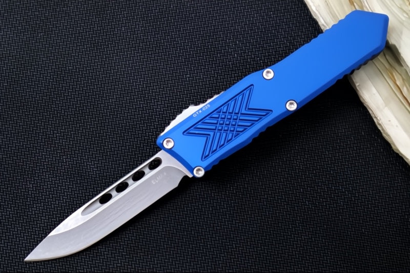 Guardian Tactical GTX-025 OTF - Stonewashed Finish / Elmax Steel / Drop Point Blade / Blue Anodized Aluminum Handle 12-4511
