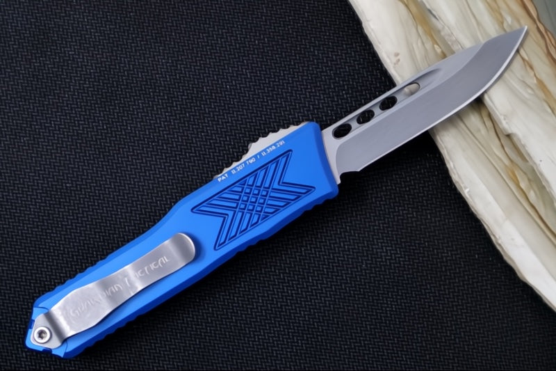 Guardian Tactical GTX-025 OTF - Stonewashed Finish / Elmax Steel / Drop Point Blade / Blue Anodized Aluminum Handle 12-4511