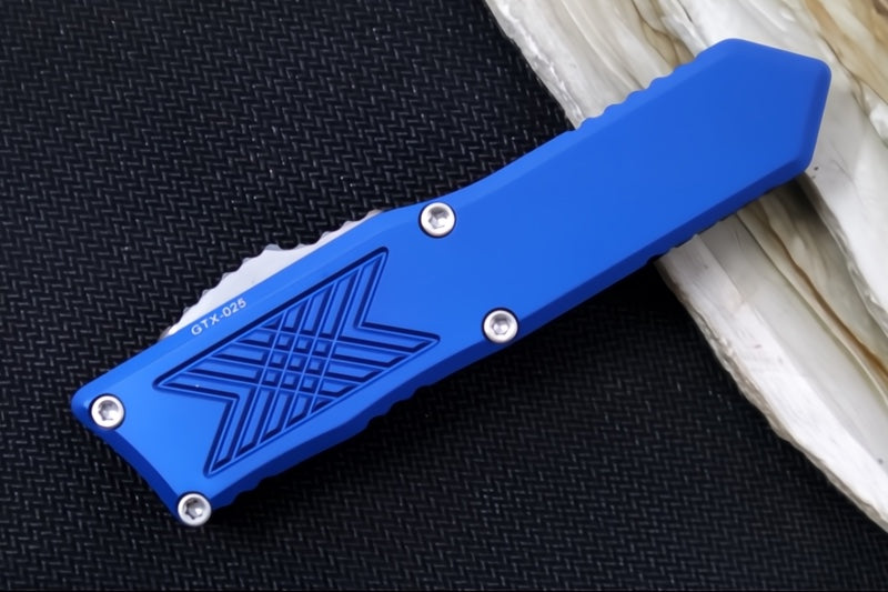 Guardian Tactical GTX-025 OTF - Stonewashed Finish / Elmax Steel / Drop Point Blade / Blue Anodized Aluminum Handle 12-4511