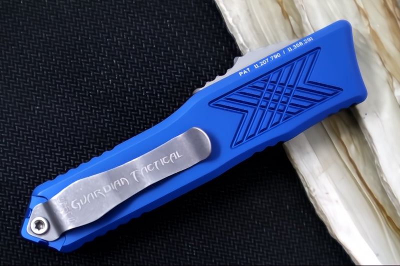 Guardian Tactical GTX-025 OTF - Stonewashed Finish / Elmax Steel / Drop Point Blade / Blue Anodized Aluminum Handle 12-4511