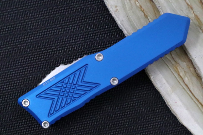 Guardian Tactical GTX-025 OTF - Stonewash Finish / Elmax Steel / Tanto Blade / Blue Anodized Aluminum Handle 12-4521