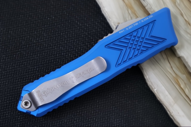 Guardian Tactical GTX-025 OTF - Stonewash Finish / Elmax Steel / Tanto Blade / Blue Anodized Aluminum Handle 12-4521 - Northwest Knives
