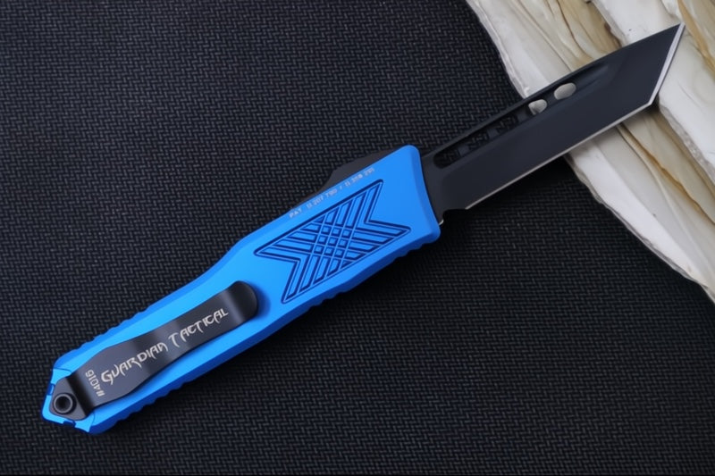 Guardian Tactical GTX-025 OTF - Black Tactical Finish / Elmax Steel / Tanto Blade / Blue Anodized Aluminum Handle 12-4121