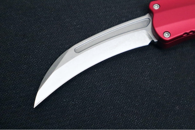 Heretic Knives ROC OTF - Red Anodized Aluminum Handle / Stonewashed Blade / Hawkbill Style - Northwest Knives