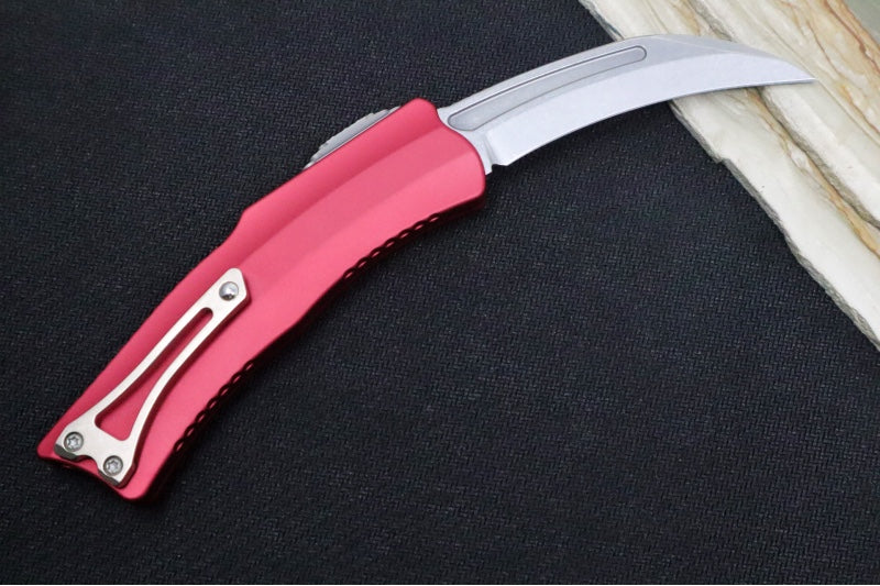 Heretic Knives ROC OTF - Red Anodized Aluminum Handle / Stonewashed Blade / Hawkbill Style - Northwest Knives
