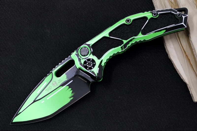 Heretic Knives Medusa Auto Limited Edition - Recurve Cerakoted & Hand Painted Blade / Toxic Green Cerakoted Aluminum Handle with Black Grip Inlays / CPM-Magnacut Steel H011-CS-TX