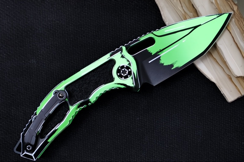 Heretic Knives Medusa Auto Limited Edition - Recurve Cerakoted & Hand Painted Blade / Toxic Green Cerakoted Aluminum Handle with Black Grip Inlays / CPM-Magnacut Steel H011-CS-TX