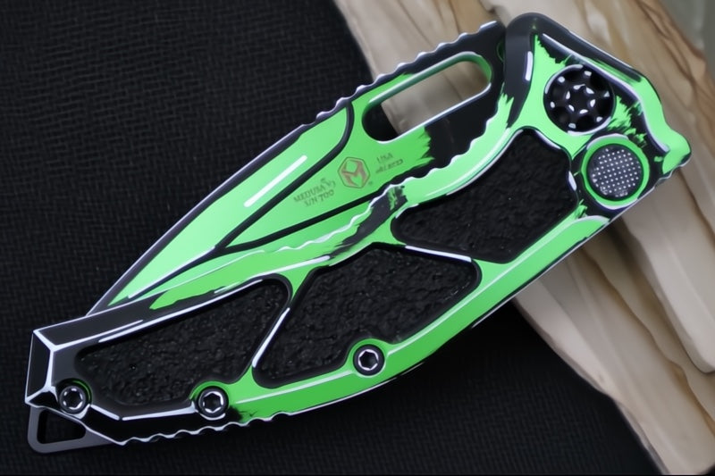 Heretic Knives Medusa Auto Limited Edition - Recurve Cerakoted & Hand Painted Blade / Toxic Green Cerakoted Aluminum Handle with Black Grip Inlays / CPM-Magnacut Steel H011-CS-TX